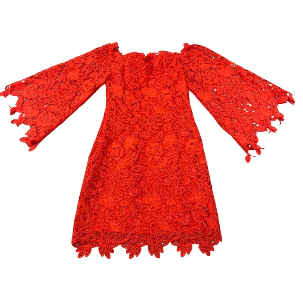 Free‎ People Fiesta Red Lace Dusk Dress Womens Size 2 Floral Lace Off Shoulder